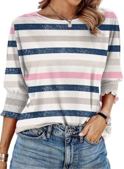 Dokotoo Cute 3/4 Sleeve Boho Tops for Women Crewneck Color Block Women Spring Cl