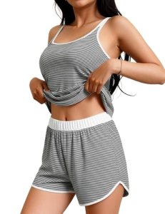 JUSTFASHIONNOW Womens Striped Tank Top Pajama Set 2 Piece Summer Cami and Shorts