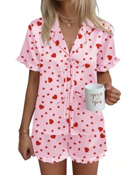 Ekouaer Satin Pajama for Women Short Sleeve Silky Pj Short Set Bow Front Tie Up