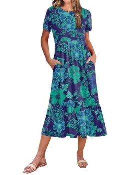 Zeagoo Women Summer Midi A Line Dress Short Sleeve Casual Flowy Tiered Beach Lon