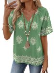 Rapbin Boho Top for Woman | Comfortable Peasant Print Blouse Short Sleeve Linen