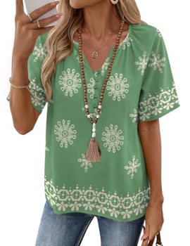 Rapbin Boho Top for Woman | Comfortable Peasant Print Blouse Short Sleeve Linen