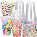 Acellegic 50 Set Easter Clear Plastic Cups with Lids & Paper Straws 16oz Disposa