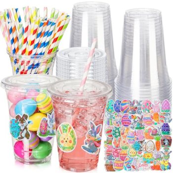 Acellegic 50 Set Easter Clear Plastic Cups with Lids & Paper Straws 16oz Disposa