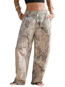 EXLURA Womens 100% Cotton Camo Pants High Waisted Straight Leg Baggy Denim Trous