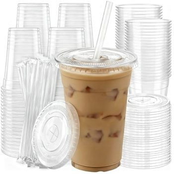 100 Pack 16 oz Plastic Cups with Lids and Straws