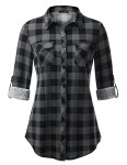 DJT Womens Soft Stretchy Knit Plaid Shirts Roll Up Long Sleeve Collared Button D