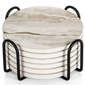 LIFVER Coasters Set of 6, Coasters for Drinks Absorbent Stone with Holder