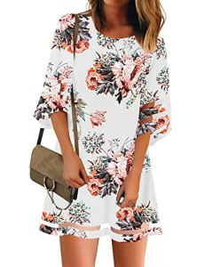 LookbookStore Women Casual Summer Crewneck Mesh Patchwork 3/4 Bell Sleeve Loose
