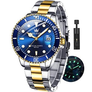 OLEVS Men Stainless Steel Watch for Men Blue Face Waterproof Watch Big Face Mens