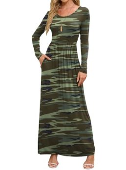 DEARCASE Maxi Dress for Women Camouflage Green Large Round Neck Boho Long Sleeve