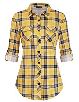 DJT Womens Soft Stretchy Knit Plaid Shirts Roll Up Long Sleeve Collared Button D