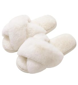 Evshine Women’s Fuzzy Slippers Cross Band Memory Foam House Slippers Open Toe In