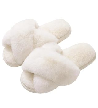 Evshine Women’s Fuzzy Slippers Cross Band Memory Foam House Slippers Open Toe In