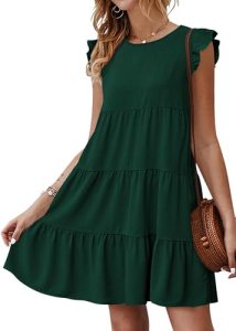 KIRUNDO Women’s Summer Mini Dress Sleeveless Ruffle Sleeve Round Neck Solid Colo