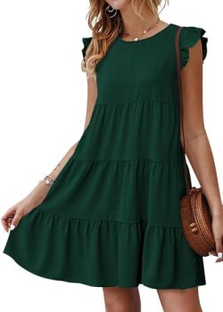 KIRUNDO Women’s Summer Mini Dress Sleeveless Ruffle Sleeve Round Neck Solid Colo