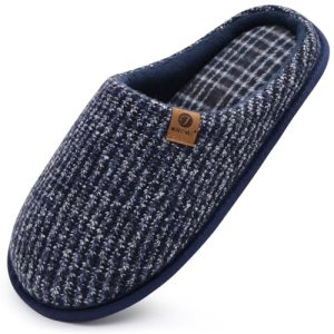 ONCAI Mens Blue Knit Stripes Cozy Memory Foam scuff Slippers Slip On Warm House
