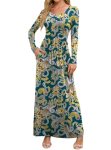 DEARCASE Maxi Dress for Women Feather Cyan Small Round Neck Boho Long Sleeves We