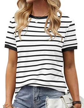 Womens T Shirt Short Sleeve Crew Neck Basic Color Block Tee Tops XX-Large Stripe