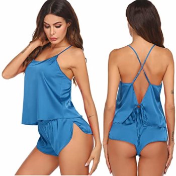 Ekouaer Silk Pajamas Set for Women Satin Backless Lingerie Pjs Cami Top and Shor