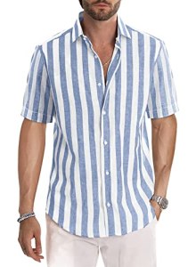 JMIERR Men’s Summer Casual Stylish Short Sleeve Button-Down Shirts Cotton Linen