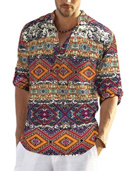 COOFANDY Men’s Cotton Linen Henley T-Shirts Long Sleeve Hippie Casual Beach T-Sh