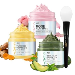 ANAI RUI 3 Pack Clay Mask Set Turmeric Vitamin C Clay Mask -Rose Facial Mask -Av