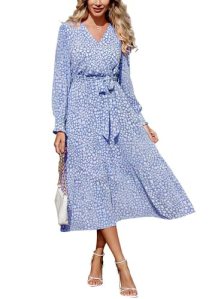 PRETTYGARDEN Women’s Floral Boho Dress Fall Long Sleeve Wrap V Neck Ruffle Flowy