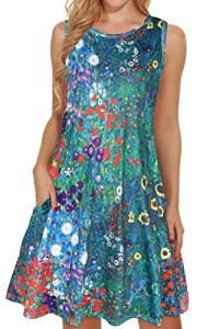 Summer T-Shirt Dress for Women Sleeveless Beach Bohemian Floral Sundress Tunic S