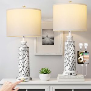 QiMH 26″ Table Lamps Set of 2, Modern Bedside Lamps with USB A+C Ports