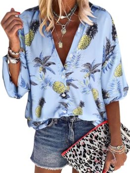 ZXZY Women Pineapple Printed Lapel Collar Half Sleeves Buttons Down Blouse Shirt