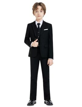 Almighty Magic Boys Black Suit Slim Fit 5 Pieces Teen Formal Tuxedo for Wedding