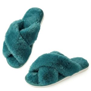 Ankis Women’s Fuzzy Slippers Cross Band Memory Foam Open Toe Comfy Soft House Sh