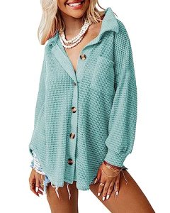 Dokotoo Womens Vintage Solid Color Button Down Shirts Long Sleeve Button Up Pock