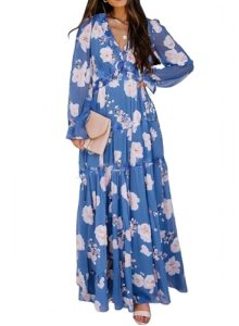BLENCOT Women’s Casual Boho Floral Printed Deep V Neck Loose Long Sleeve Long Ev