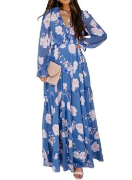 BLENCOT Women’s Casual Boho Floral Printed Deep V Neck Loose Long Sleeve Long Ev