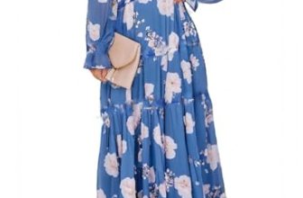 BLENCOT Women’s Casual Boho Floral Printed Deep V Neck Loose Long Sleeve Long Ev