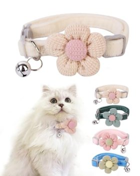Breakaway Cat Collar with Soft Plush Material and Hand-Knitted Flower