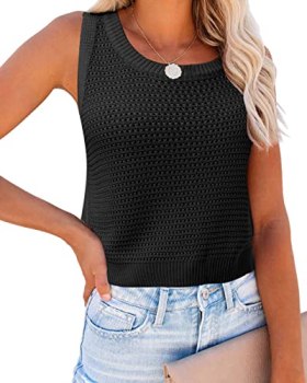 FISACE Womens Summer Knit Sweater Tank Tops Round Neck Crochet Hollow Out Sleeve