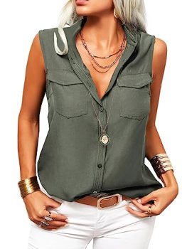 Veatzaer Women’s Sleeveless Button Down Shirts Casual Lapel Tank Tops Office Lad