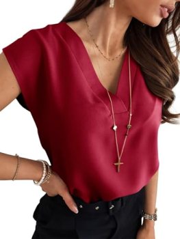 Lynwitkui Women’s V Neck Chiffon Blouses Cap Sleeve Shirts Casual Loose Work Off