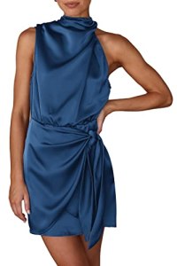 PRETTYGARDEN Women’s Short Formal Satin Dress Summer Sleeveless Mock Neck Tie Wa