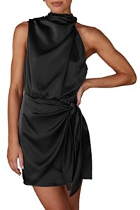 PRETTYGARDEN Women’s Short Formal Satin Dress Summer Sleeveless Mock Neck Tie Wa