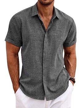 COOFANDY Men’s Linen Untucked Button Up Shirt Casual Short Sleeve Slim Fit Summe