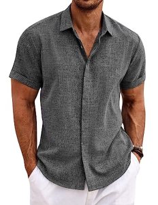 COOFANDY Men’s Linen Untucked Button Up Shirt Casual Short Sleeve Slim Fit Summe