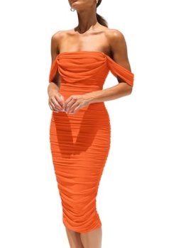 PRETTYGARDEN Wedding Guest Dress 2025 Summer Off Shoulder Ruched Elegant Sexy Bo