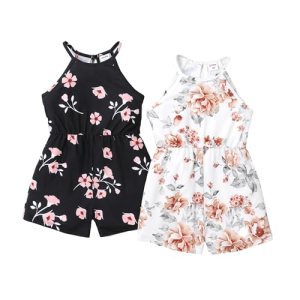 PATPAT Girls Rompers Size 9-10 Black White Floral Print 2 Pack Rompers For Girls