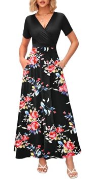 WNEEDU Women’s Summer Maxi Dress Short Sleeves Wrap V Neck Long Dresses with Poc