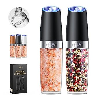 Sangcon Gravity Electric Salt and Pepper Grinder Set Shakers UPGRADED 9OZ XL CAP