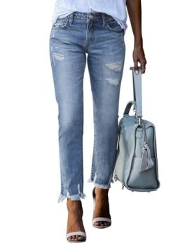EVALESS Womens Jeans Stretchy High Waisted Pull On Ripped Distressed Jean Tummy